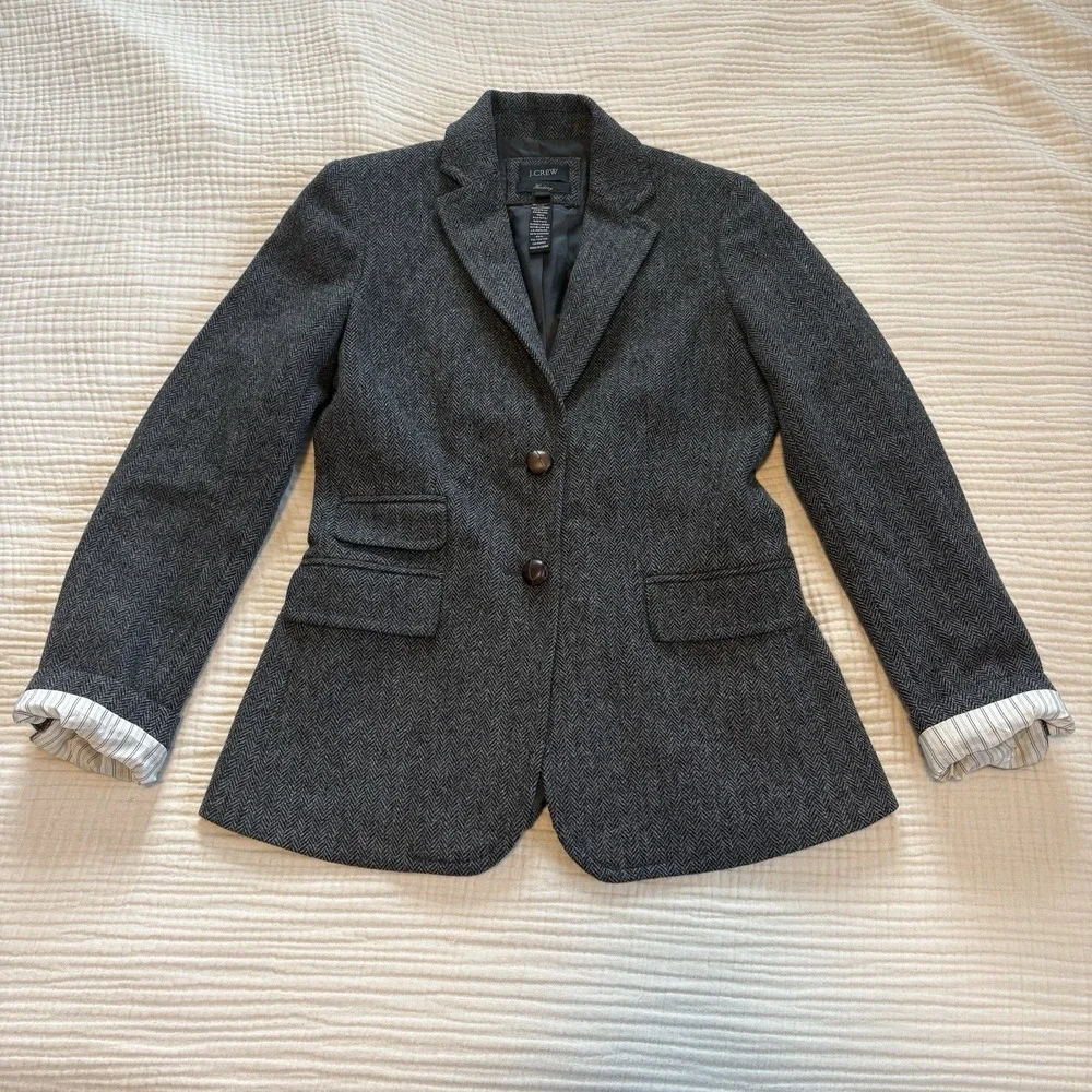 J CREW Womens Sz 4 Gray Black Herringbone Wool Button Lined Jacket Blazer - Picture 1 of 8